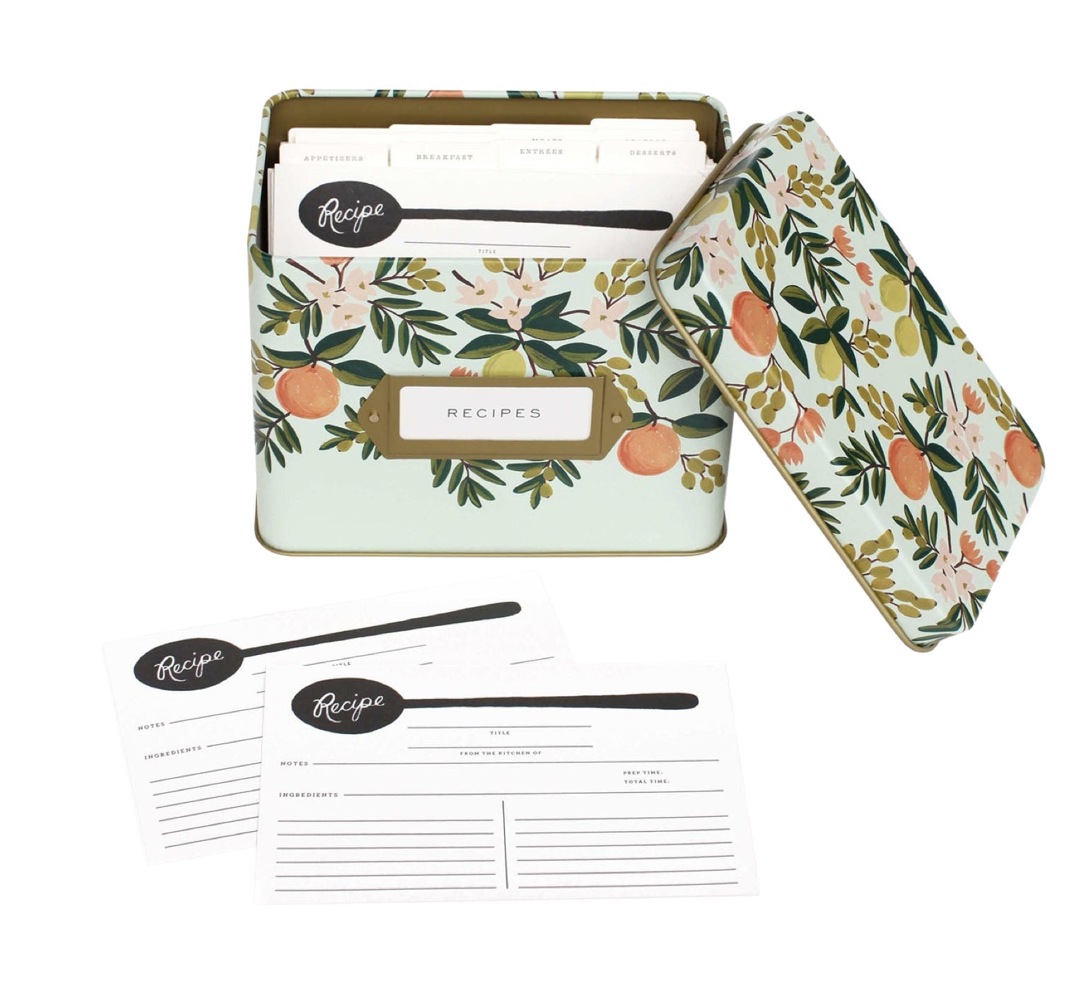 The Citrus Recipe Tin and Market Pad Collection by Rifle Paper Co. features a stylish tin with labeled recipe cards and two blank cards in front—perfect for kitchen organization.