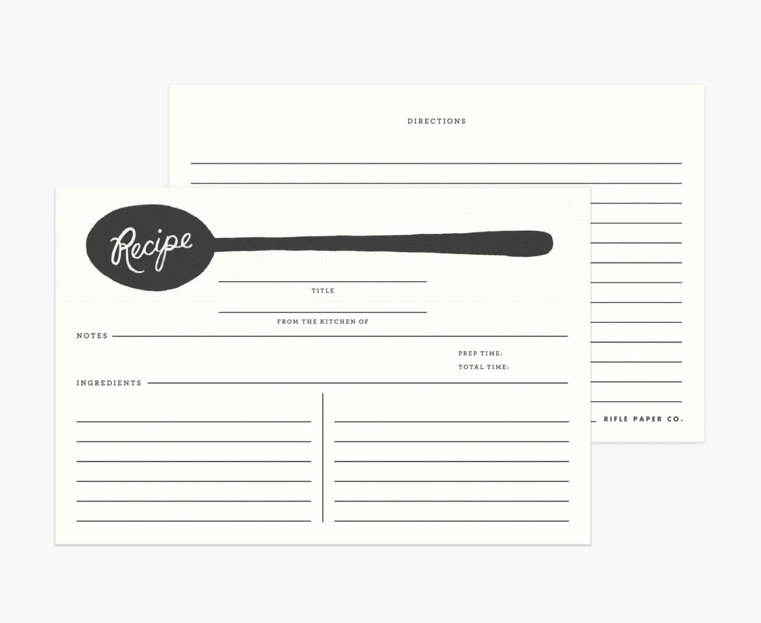 The Rifle Paper Co. Citrus Recipe Tin and Market Pad Collection features two blank recipe cards with sections for title, ingredients, notes, directions, and cooking times plus a front spoon illustration—ideal for organizing your kitchen favorites.