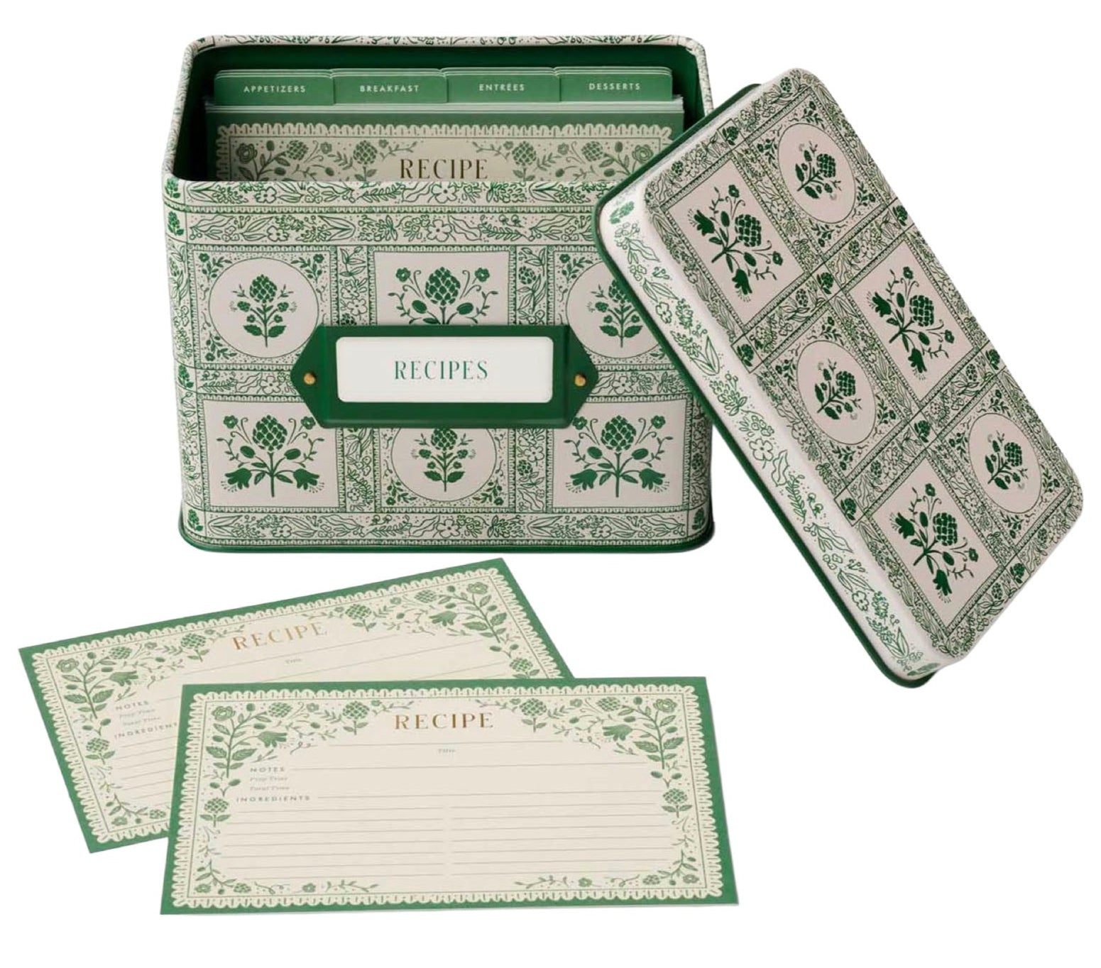 The Rifle Paper Co. Artichoke Recipe Tin is a decorative green and white metal tin with a matching lid, filled with labeled recipe cards for kitchen organization, plus two blank cards displayed in front.