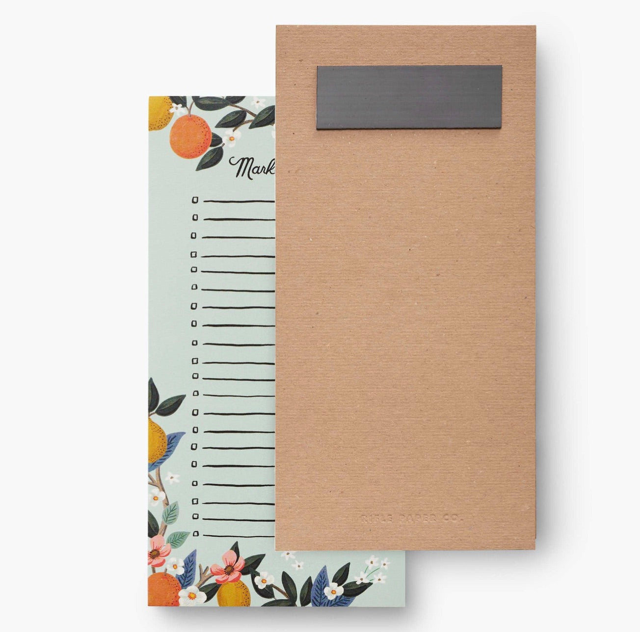 The Rifle Paper Co. Citrus Recipe Tin and Market Pad Collection adds style to your kitchen with a fruit and floral design. The lined "Market List" pad helps keep grocery shopping organized and efficient.