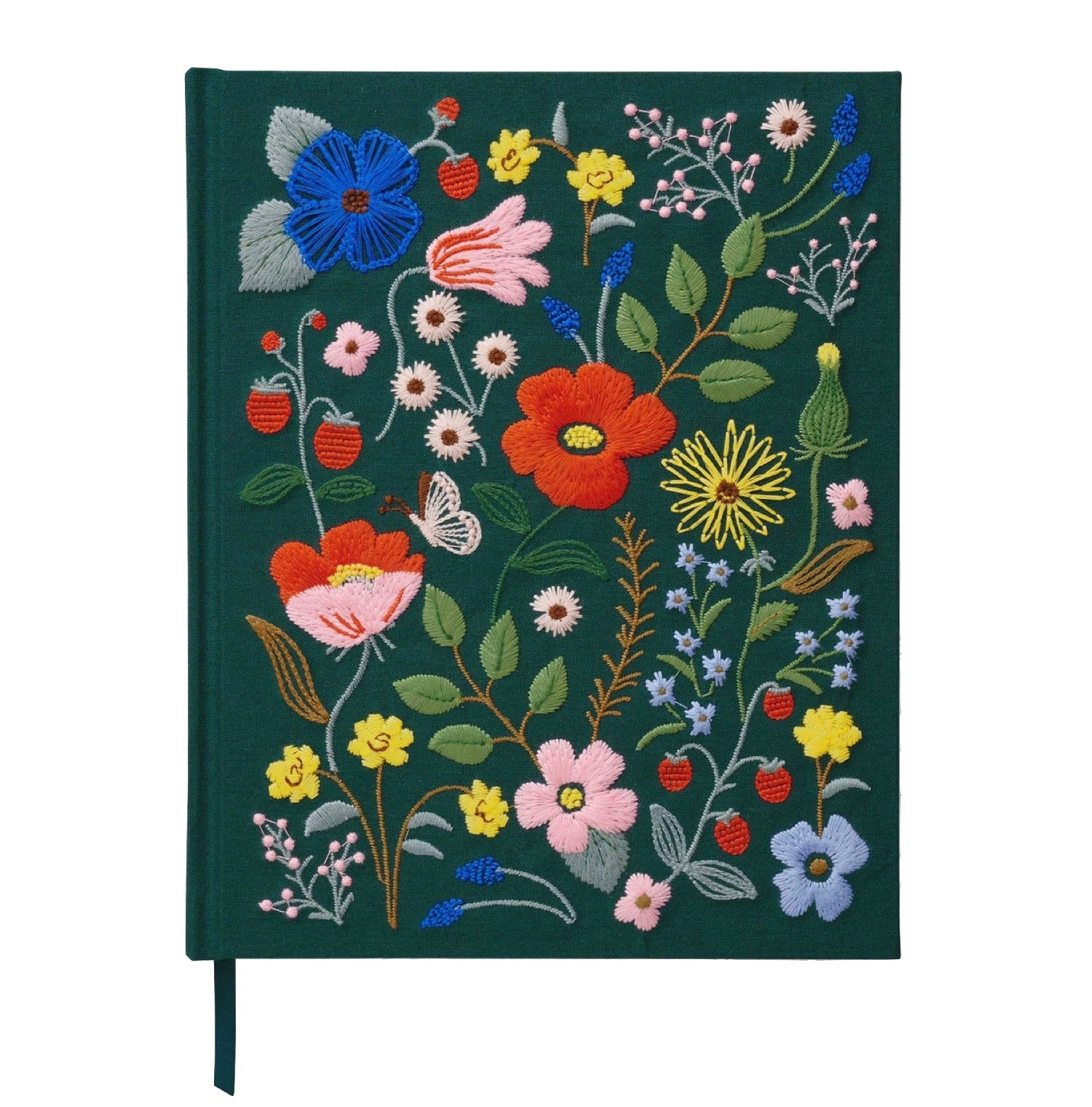 The Rifle Paper Co. Strawberry Fields Embroidered Sketchbook is a dark green hardcover with colorful embroidered flowers, leaves, and strawberries, an attached ribbon bookmark, and unlined pages for creative inspiration.