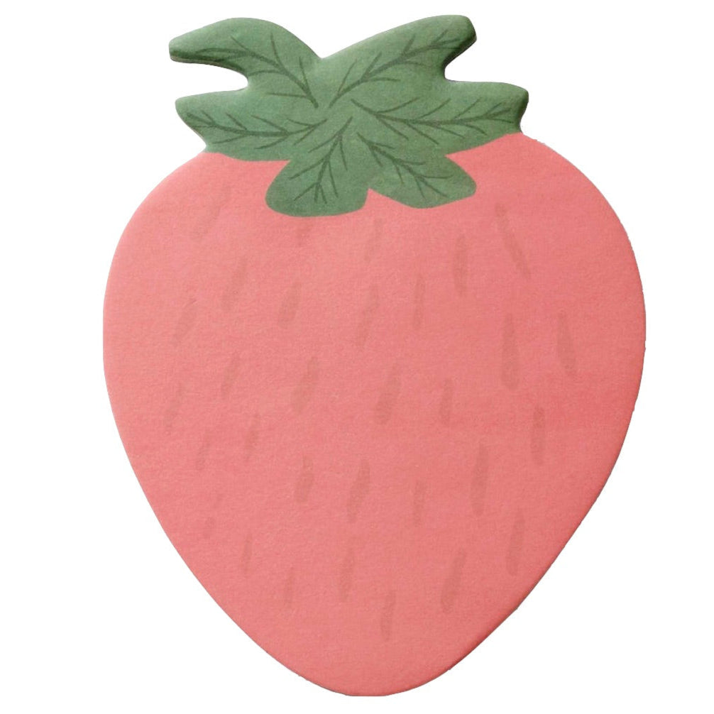 Strawberry Sticky Notes by Rifle Paper Co. feature a pink strawberry design with green leaves and light red seeds, resembling a strawberry, on a plain white background.