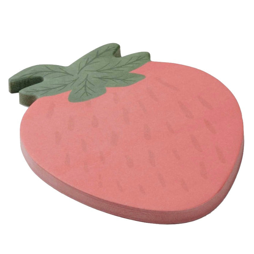Add charm to your reminders with Rifle Paper Co.'s Strawberry Sticky Notes—shaped like a strawberry, featuring a pink body, light markings, and a green leafy top.