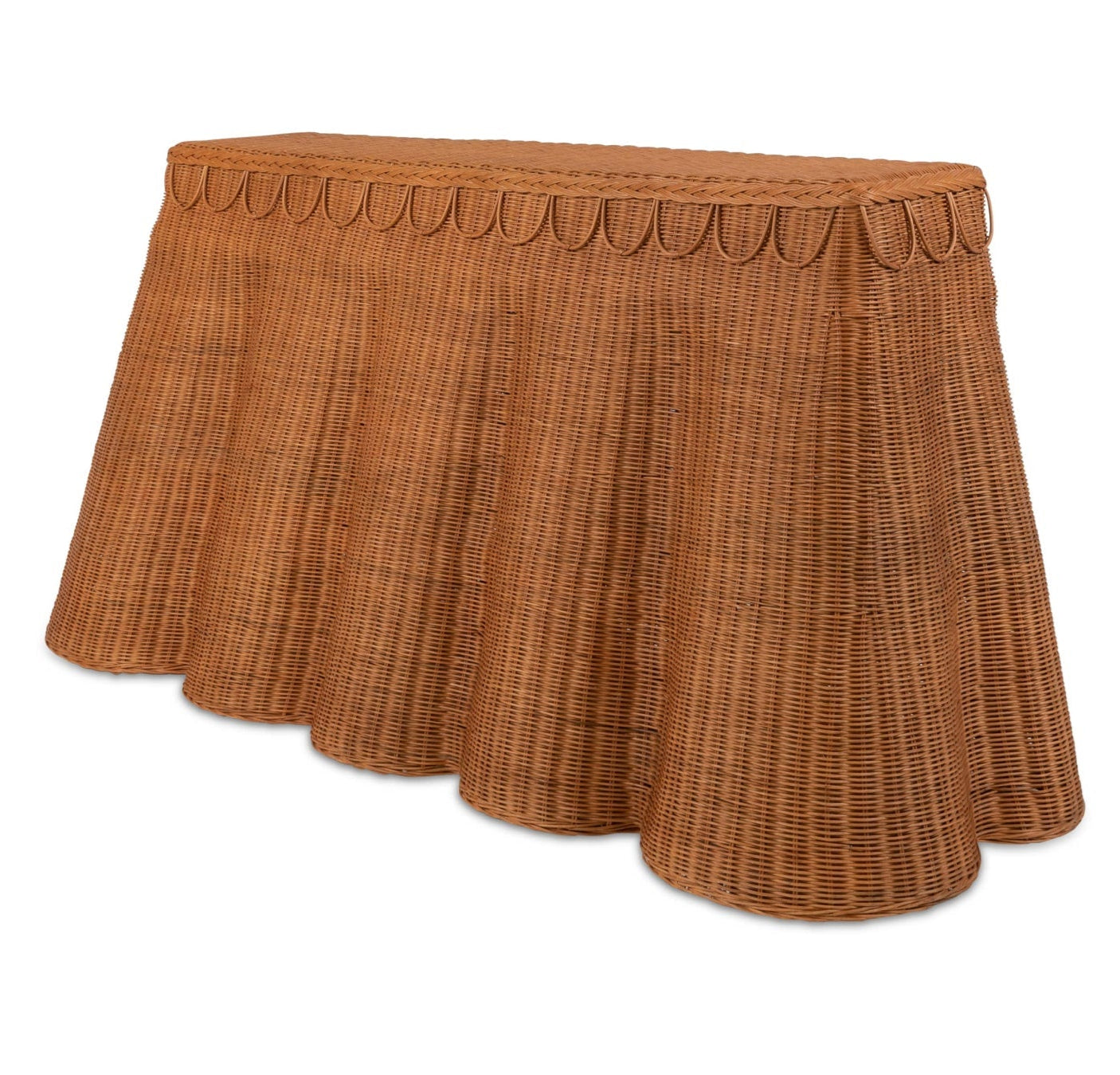The Adeline Console Table by Sharland England features a brown rattan build with a scalloped skirt, inspired by vintage design, shown against a white background.