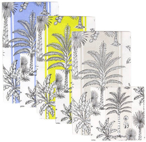 Southern Palms by Caspari: Set of five tea towels featuring black and white palm tree prints—two with blue and yellow backgrounds, three with white. Coordinates perfectly with eco-friendly napkins for a stylish, sustainable kitchen.