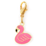 The Flamingo Collar Charm by Foggy Dog features a pink enamel flamingo and a gold clasp—ideal as a durable dog collar accessory or a stylish keychain addition.