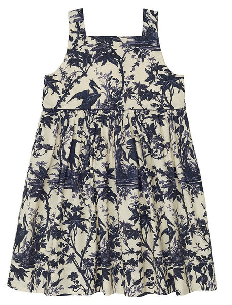 A sleeveless, knee-length Cara Cara Girls' Stevie Dress with a flared skirt featuring an elegant silhouette, adorned with a blue botanical and bird print on a light-colored Cotton Poplin background.