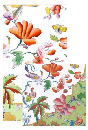 Caspari’s Summer Palace Collection triple-ply napkins feature red, pink, and orange flowers with green foliage and colorful birds and butterflies on a white background—adding a vibrant touch to any occasion.