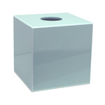 The Addison Ross Lacquer Tissue Box Collection features a cube-shaped, light blue high gloss cover with a circular top opening and a removable magnetic base.