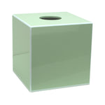 The Addison Ross Lacquer Tissue Box Collection features a light green square cover with a high gloss lacquer finish and a circular top opening.