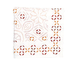 A white cloth napkin from the Malta Tablecloth Collection by Kim Seybert, featuring geometric and floral embroidery in red, orange, and brown—an elegant accent to complement your Malta Tablecloth.