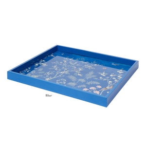 The Addison Ross Medium Chinoiserie Tray Collection showcases a stunning rectangular blue tray with intricate floral and bird patterns, all enhanced by a high gloss lacquer finish.