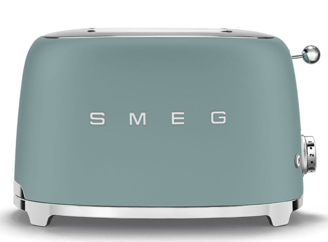 The Smeg 2-Slice Toaster Collection features a pastel blue retro design with two slots, chrome accents, a control knob on the right side, and the Smeg logo displayed on the front.