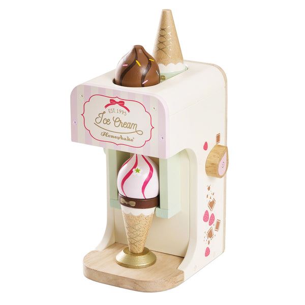 A sustainable wooden ice cream maker toy for kids, complete with ice cream cones.