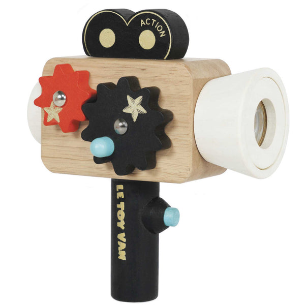 A sustainable wooden toy camera with gears for role-play activities.