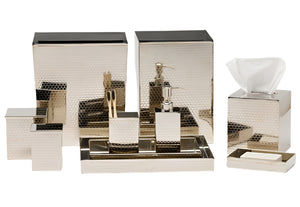 The Temara Honeycomb Bath Collection by Pigeon & Poodle includes a waste bin, tissue box, soap dispenser, toothbrush holder, tray, and containers—all with a textured silver honeycomb design.