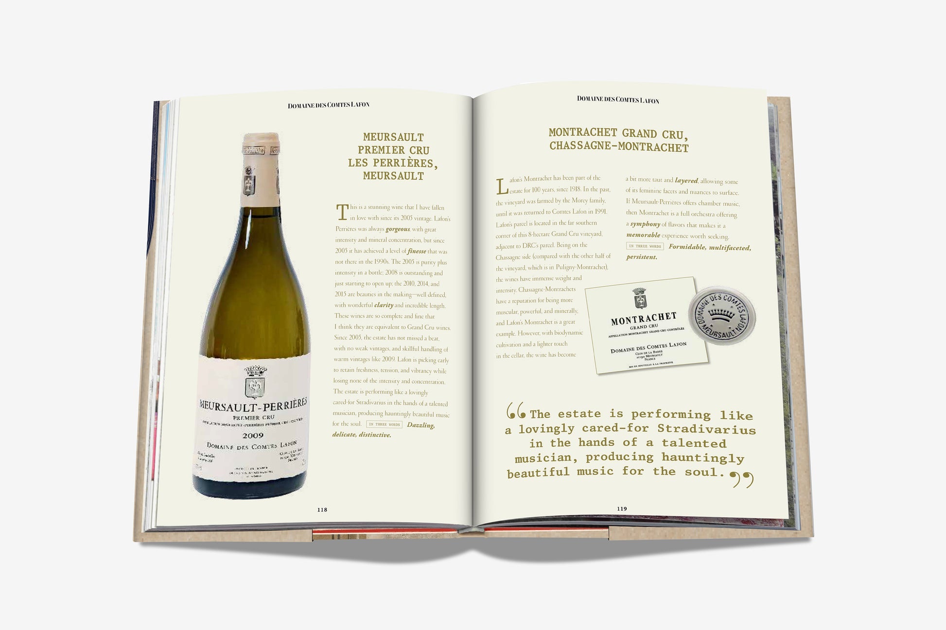 Open to a page from "The 100 Burgundy: Exceptional Wines To Build A Dream Cellar" by Assouline, featuring Meursault-Perrières with detailed notes and quotes—ideal for Burgundy wine aficionados and collectors.