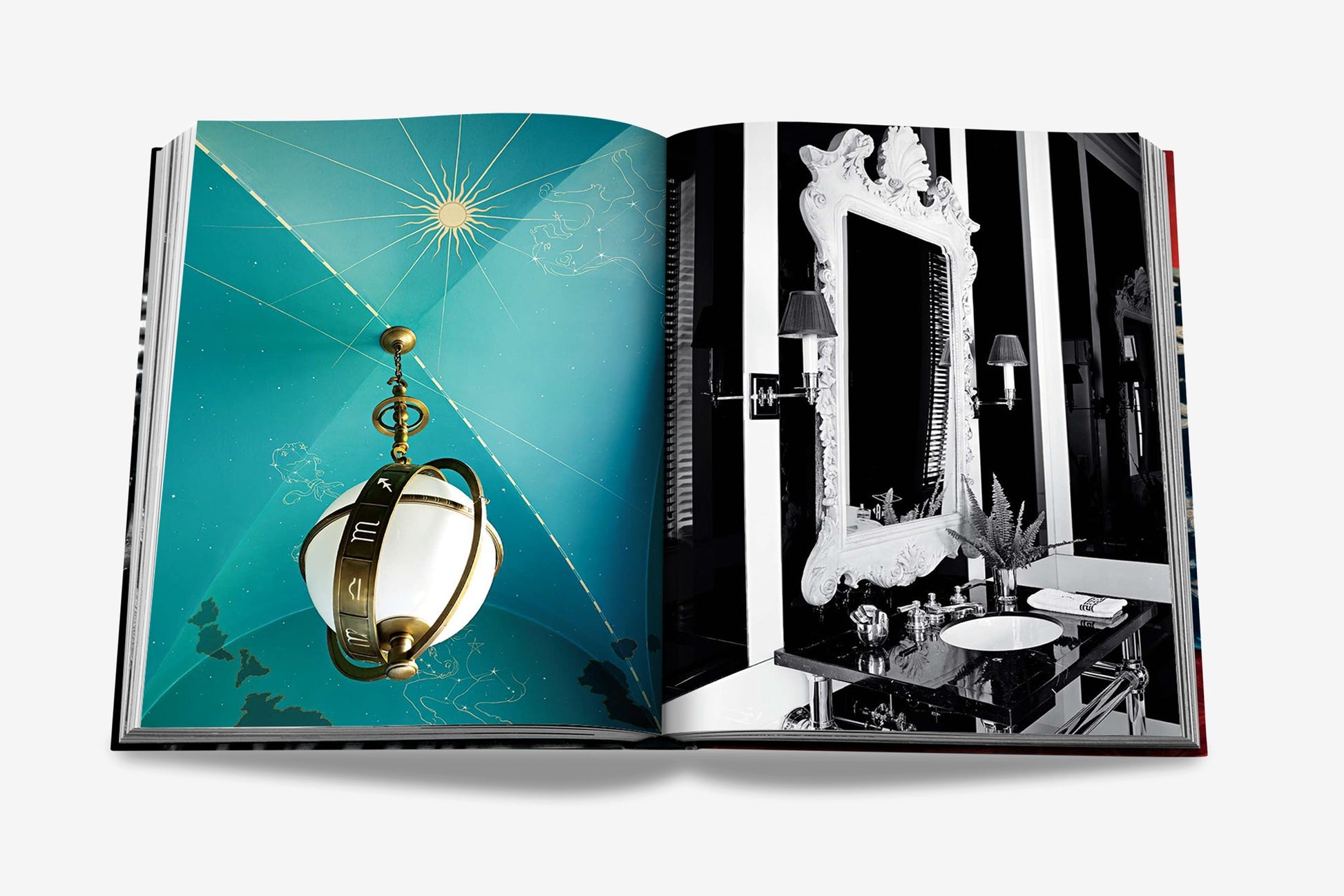 Open book displaying a color image of a hanging compass on the left page and a black-and-white photograph of an ornate bathroom with twin sinks and a large mirror, showcasing Miles Redd's eclectic design style. Product shown: Big Book of Chic by Assouline.