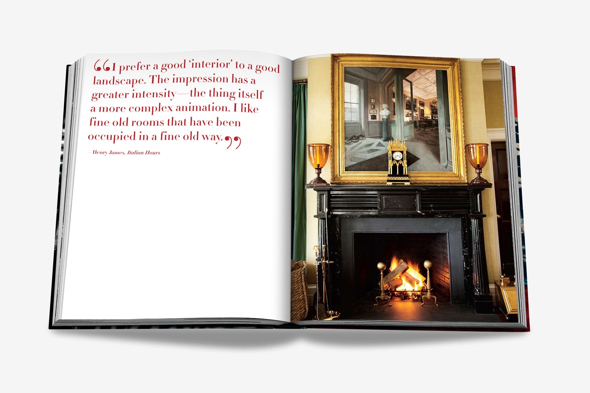 Open **Big Book of Chic** by **Assouline** with a quote on the left page and an image of a classic room featuring Miles Redd's signature eclectic design, complete with a fireplace and artwork above it on the right page.