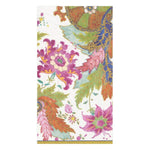 The Caspari Tobacco Leaf Ivory Collection napkin is a decorative, eco-friendly triple-ply napkin featuring floral and paisley patterns in pink, orange, green, and gold on a white background.