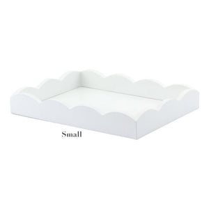 The Addison Ross Scalloped White Lacquer Tray from their collection is elegantly small, featuring scalloped edges. Ideal for serving drinks or enhancing any setting with sophistication.