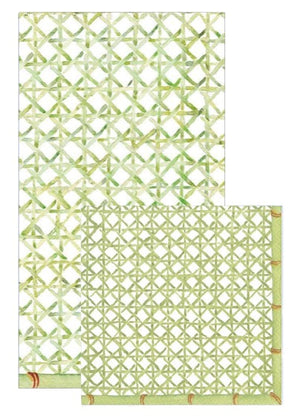 Two rectangular panels, one large and one smaller, with a green trellis lattice pattern overlap at the bottom right corner—evoking the eco-friendly Trellis Green Collection by Caspari.