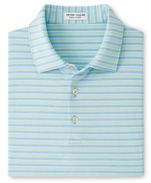 A folded men's Peter Millar Joan Performance Jersey Polo with blue and white stripes displayed from a front-facing angle.
