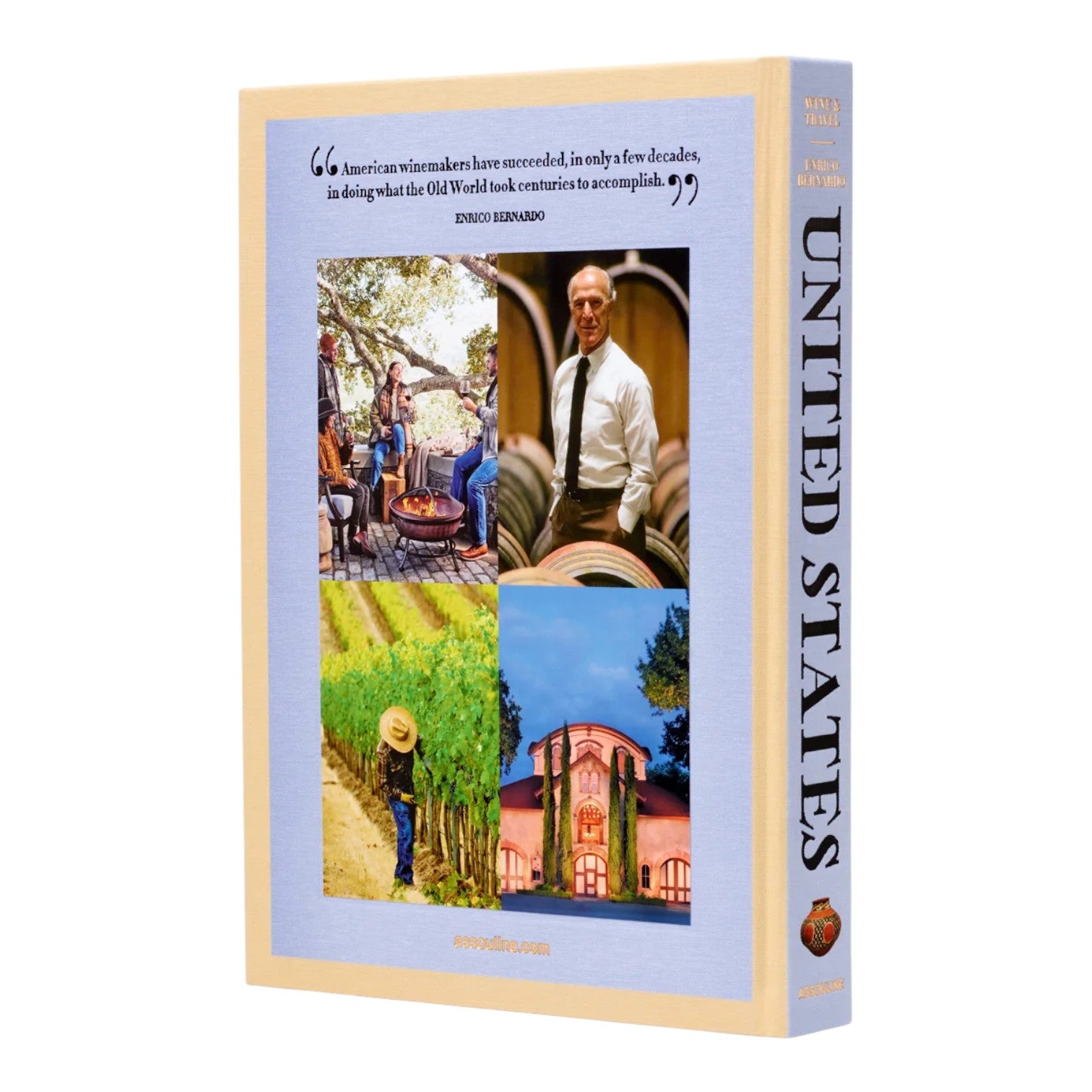 The back cover of Assouline's "Wine & Travel USA" features four photos of American wine regions and a quote by Enrico Bernardo celebrating the innovation of US wine culture.