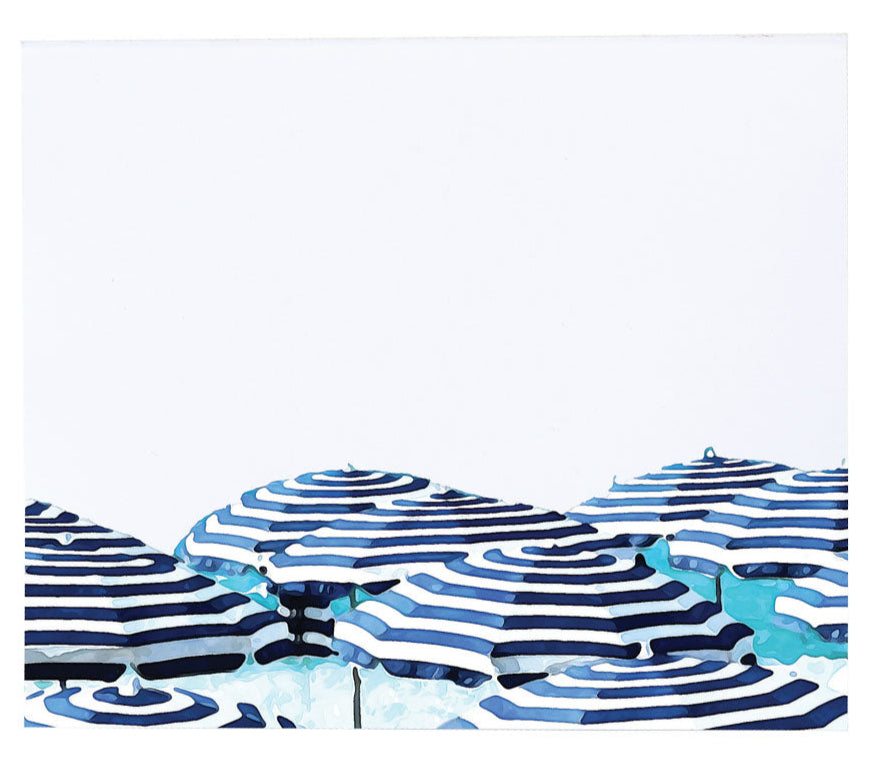 Several blue and white striped beach umbrellas gathered beneath a white sky evoke the elegant style of Black Ink’s Blue Umbrella Large Notepad, crafted from luxurious quality paper.