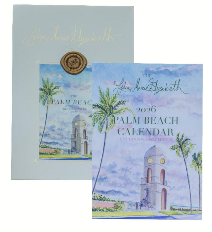 The 2026 Palm Beach Desk Calendar with Acrylic Easel by Lydia Marie Elizabeth features an illustrated clock tower and palm trees on pastel covers with gold lettering.