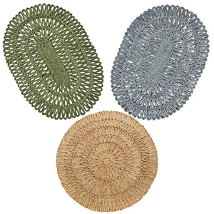 Juliska’s Straw Loop Placemat Collection includes two oval green and gray placemats and one round natural beige, all handwoven with beautiful texture, displayed on a white background.