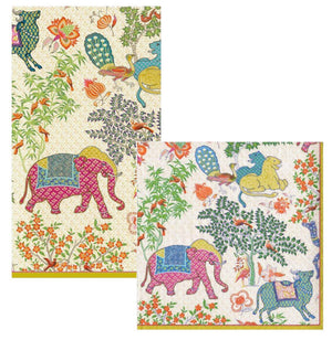 Caspari's Le Jardin De Mysore Collection decorative napkins showcase elephants, peacocks, and floral motifs in a vibrant, traditional Indian-inspired design with intricate details.