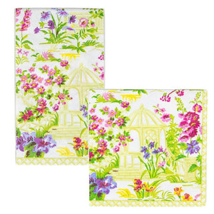 Set of two towels from Caspari’s Wedding Gazebo Collection, featuring a floral garden and gazebo motif in yellow, green, pink, and purple with yellow geometric borders inspired by designer napkins.