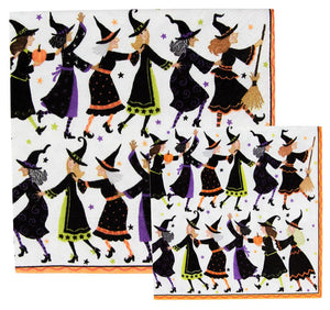 Witches Conga Line by Caspari: witches in black hats and dresses dance in a line with stars and Halloween details—printed in Germany on triple-ply napkins.