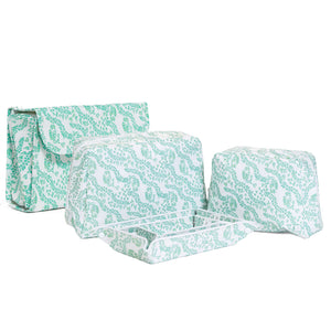 The TRVL Design Luxe Gloss All Heart Travel Set in Kelly Green features a cosmetic bag, zipped pouch, and folding bag with matching green and white patterns—stylish travel accessories shown on a white background.