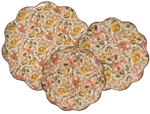 The Willa Dinnerware Collection by Juliska features three scalloped-edge plates adorned with romantic yellow, orange, and green florals—perfectly layered as a distinctive serving platter or scalloped charger for your table.