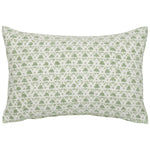 The Sanya Sage Kidney Pillow by John Robshaw features a white background with a repeating green floral pattern in sage block print and delicate French knot details.
