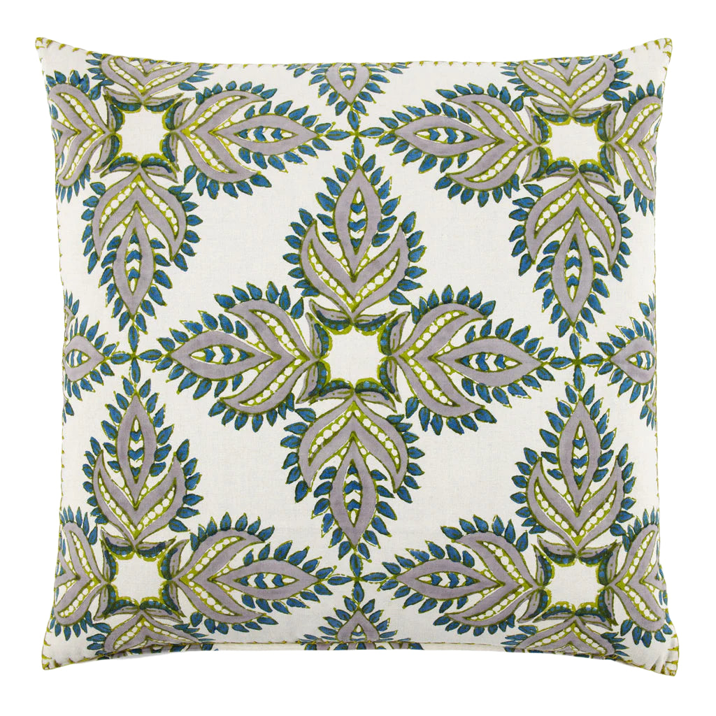 The Verdin Euro Pillow by John Robshaw features a symmetrical blue, green, and gray kaleidoscopic pattern on white, crafted from a cotton linen blend.