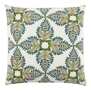The Verdin Euro Pillow by John Robshaw features a symmetrical blue, green, and gray kaleidoscopic pattern on white, crafted from a cotton linen blend.