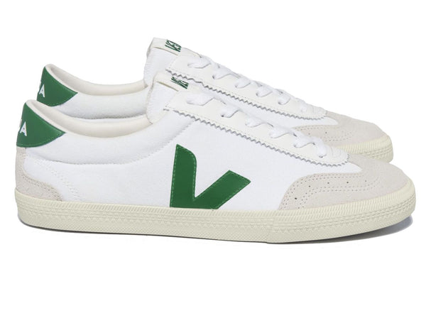 White Veja sneakers with an Amazonian Rubber "v" logo on the side.