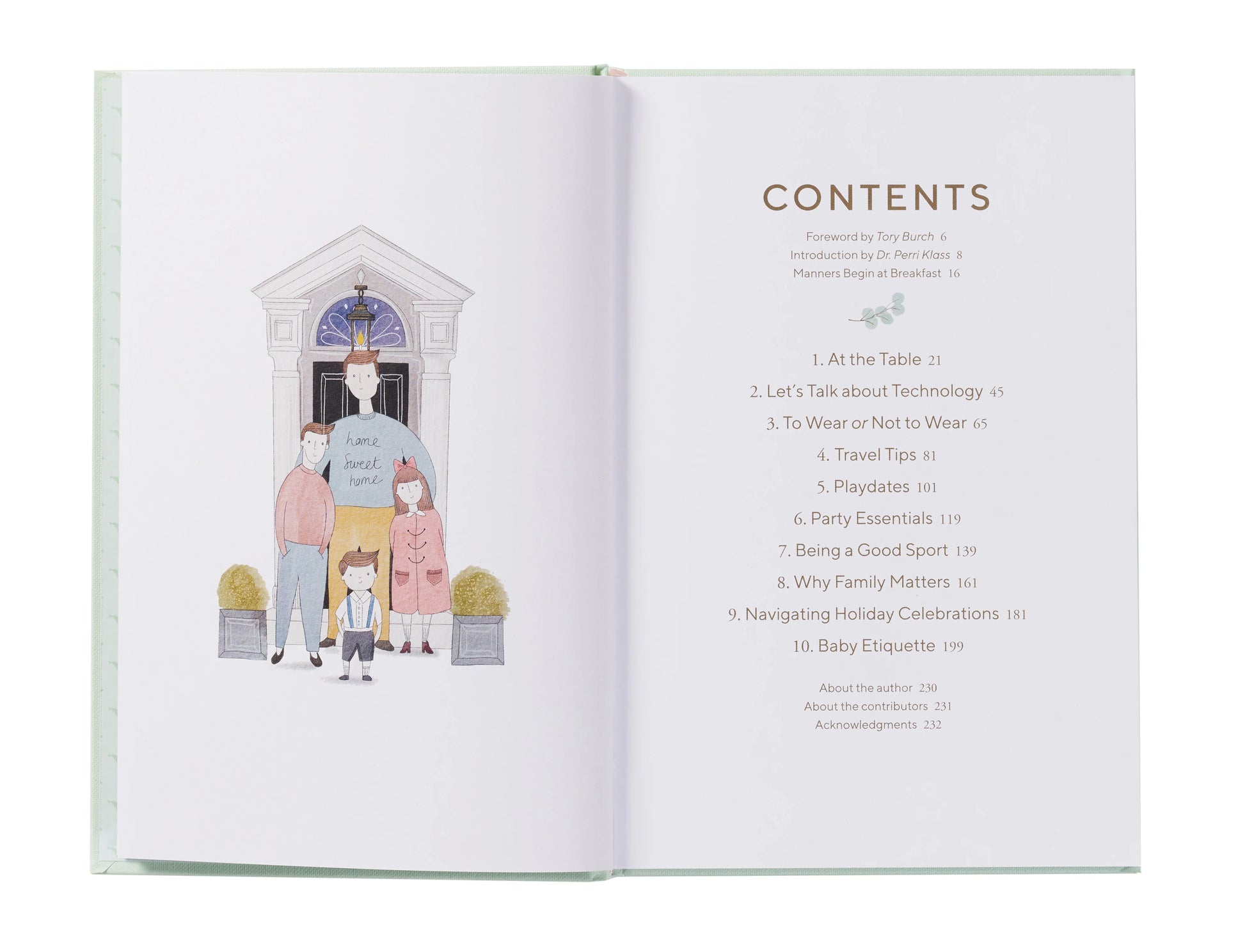 The open Vendome book "Manners Begin at Breakfast" shows a family of four at a door on the left and, on the right, a table of contents listing ten sections about children's manners.