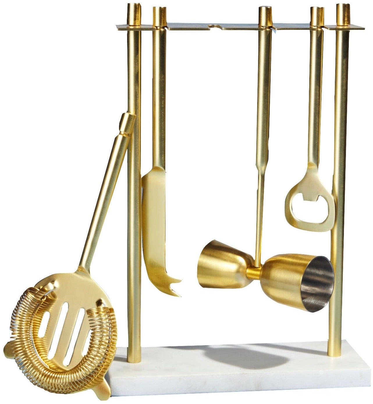 Elevate your home bar with the Verona Hanging Bar Tool Set by Be Home: a chic set of gold-finish tools—strainer, fork, jigger, and bottle opener—elegantly displayed on a white stand. Perfect for lovers of stylish kitchen gadgets.