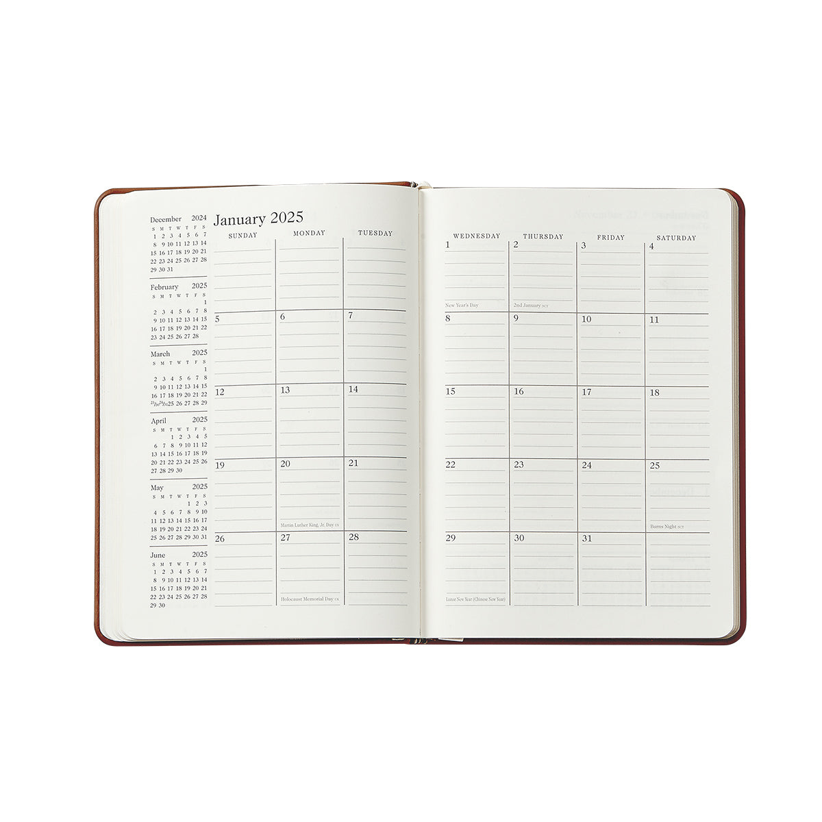 The Graphic Image 2026 Weekly Journal Planner Collection features an open leather notebook showing January 2025’s monthly calendar with weekly columns and mini calendars for December 2024 and February 2025 on the left page.