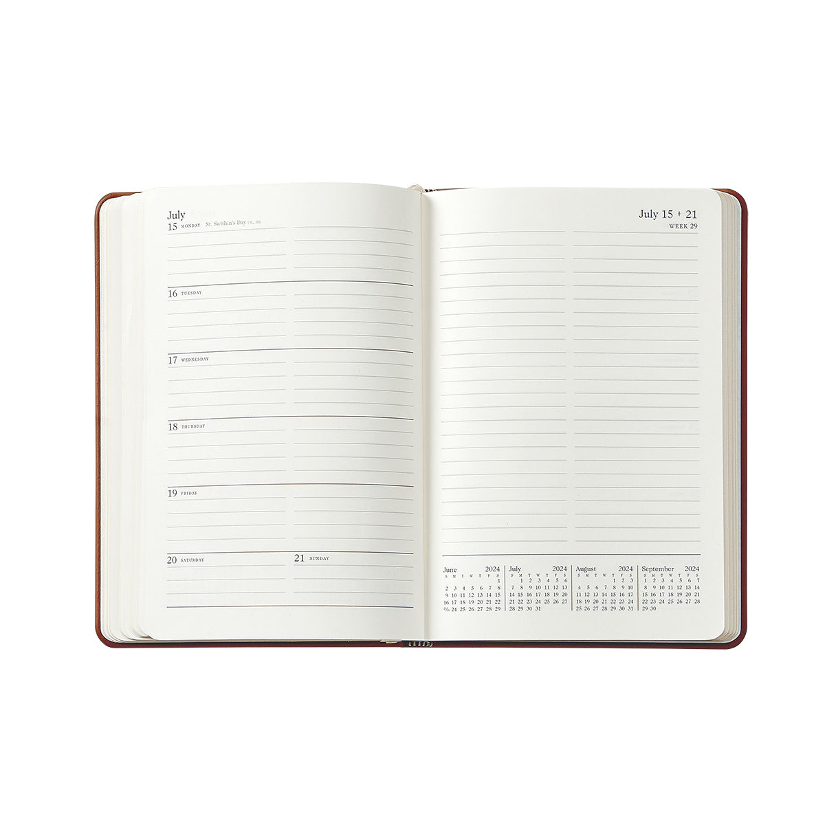 The Graphic Image 2026 Weekly Journal Planner Collection shows a leather notebook open to July 15–21, with lined daily sections and a mini monthly calendar at the bottom right.