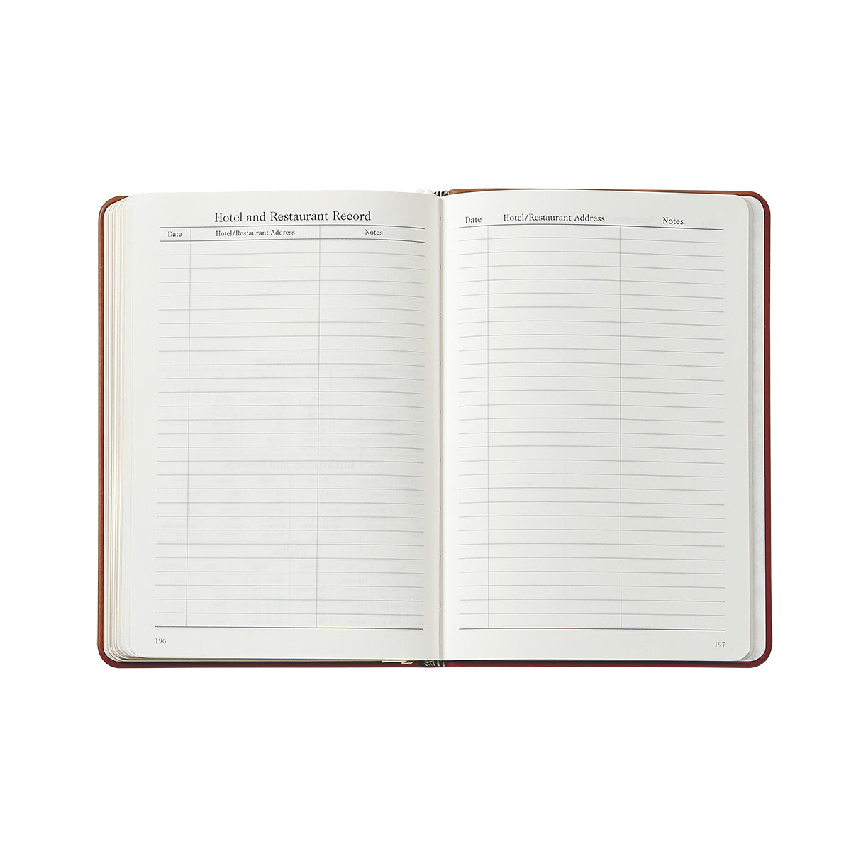 The Graphic Image 2026 Weekly Journal Planner Collection features an open leather notebook with blank pages for dates, addresses, and notes—ideal as a stylish planner for hotel and restaurant records.