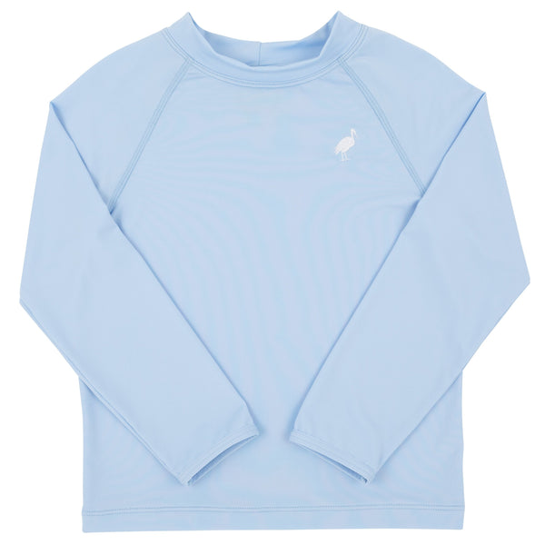 A Beaufort Bonnet Company Walker's Wave Swim Shirt with a white logo, perfect for a beach day.
