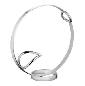 A minimalist silver sculpture in Andrée Putman's style, featuring a circular frame with two leaf shapes—ideal for oenophiles who value art as refined as Christofle's Vertigo Wine Server.
