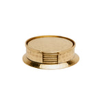 Blue Pheasant Winsford Barware - Shiny Brass: round, gold-tone metal coasters with crisscross etching, stacked in a matching holder on white—ideal for a modern bar.