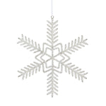 The Pearl Beaded Snowflake Ornament by Park Hill Collection features an elegant design and hangs from a white ribbon, creating a winter-inspired accent against any background.