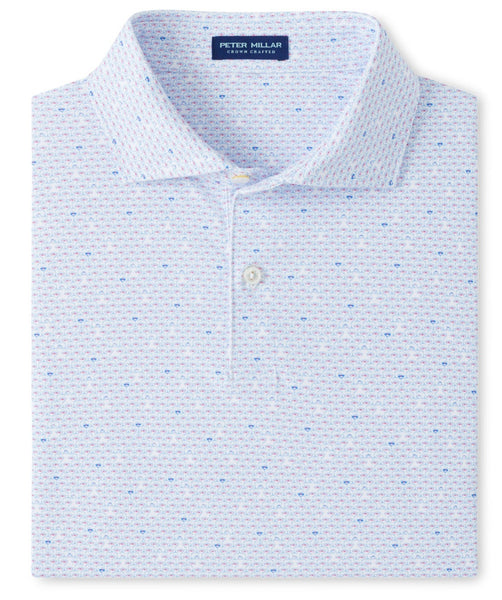 A light blue Peter Millar Espresso Martinis Performance Jersey Polo shirt with a small geometric pattern, displayed flat with the collar buttoned. This moisture-wicking shirt is ideal for optimal comfort.